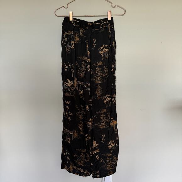 MNG Pants Womens XS Black Gold Asian Print Trouser Boho Silky High Waist Lounge - Picture 8 of 8